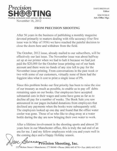 Dave Brennan farewell letter for Precision Shooting Magazine.